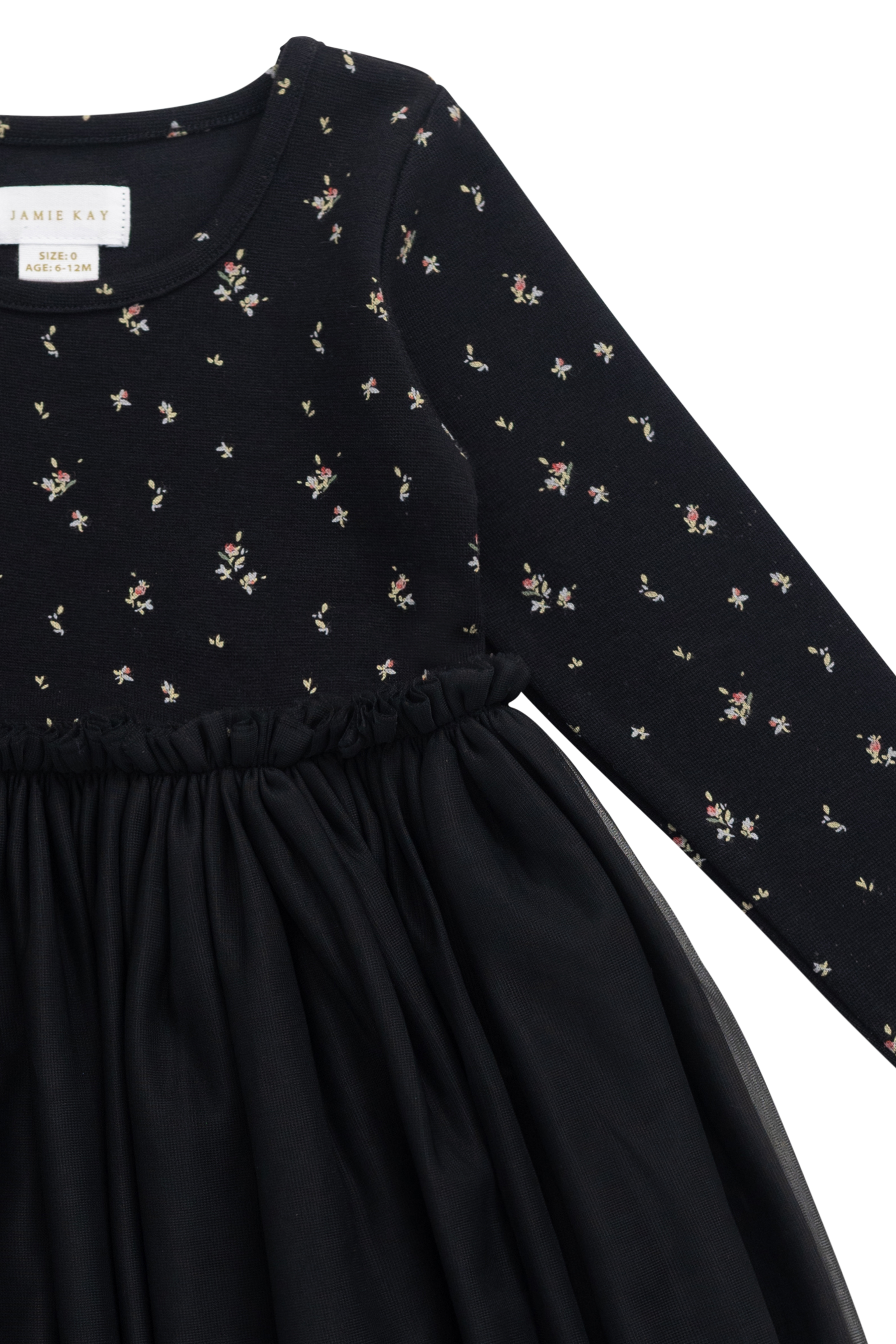Robe élégante en tulle de coton et polyester ébène à motif floral, avec manches longues et jupe plissée