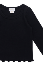 Haut classique en coton biologique ébène et élasthanne avec texture finement côtelée et bords festonnés