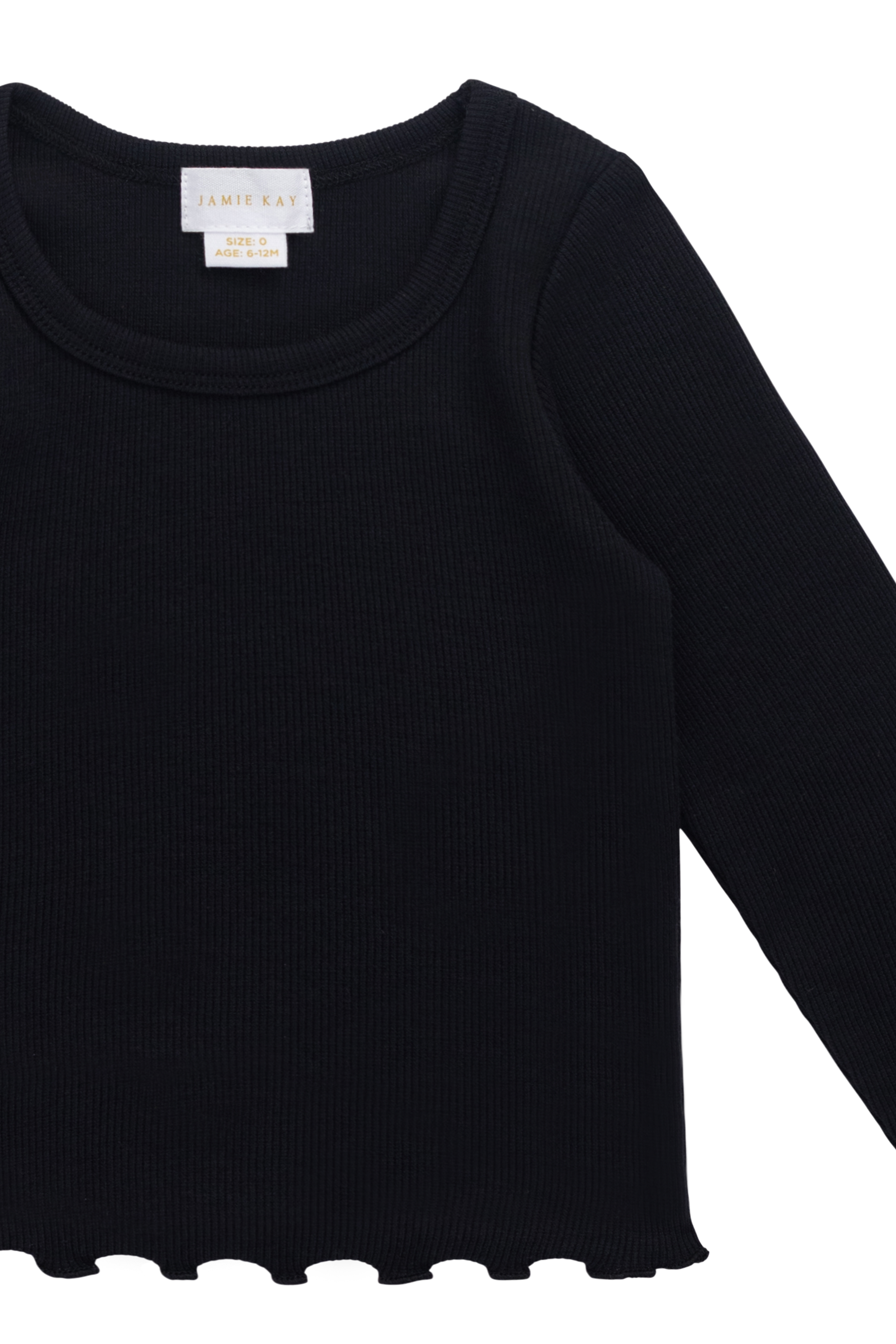 Haut classique en coton biologique ébène et élasthanne avec texture finement côtelée et bords festonnés